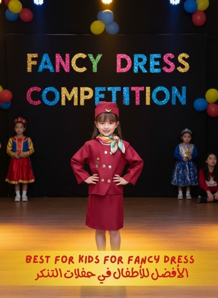 بريميم طقم زي مضيفة طيران للأطفال – زي طاقم الطائرة مع قبعة ووشاح - Image 3